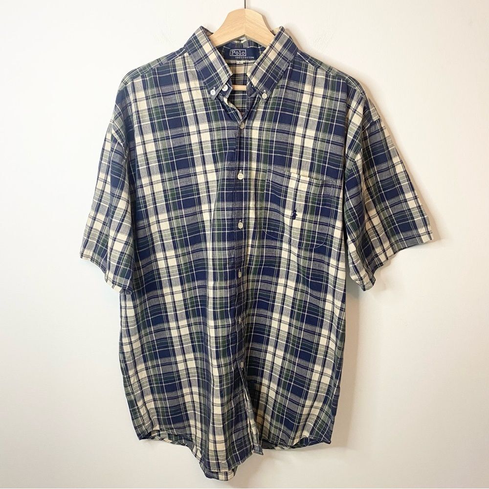 Polo tan blue plaid shirt sleeve button down large